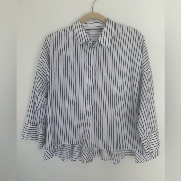ZARA Blue & White Button-Down Shirt w/ Peplum Back & Pearl Sleeve Accents – S - Picture 1 of 16